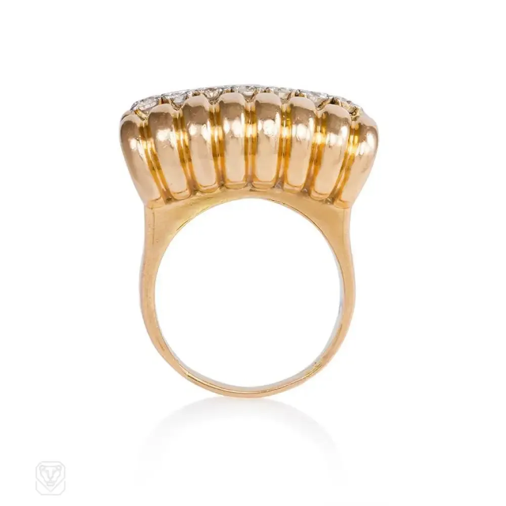 Retro ribbed gold and diamond ring