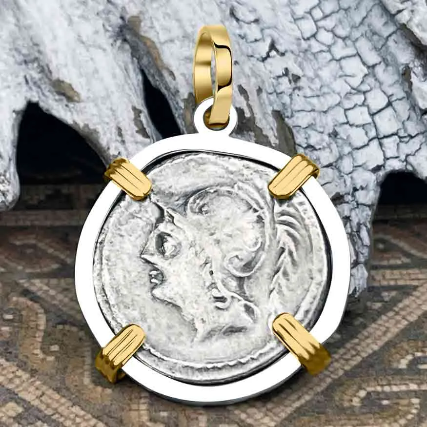 Roman Republic Silver Denarius 103 BC Mars and the Warriors 14K Gold and Sterling Silver Pendant | Artifact #8791