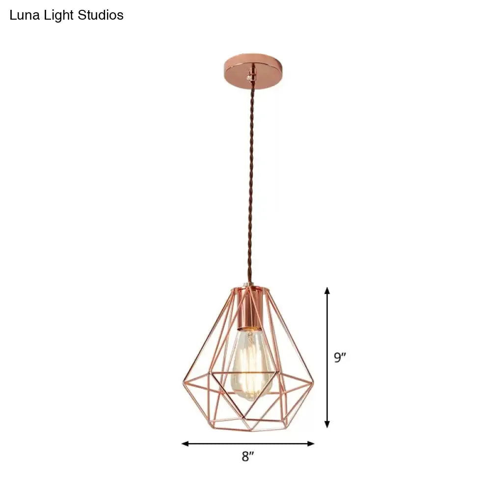 Rose Gold Pendant Lamp - Flared/Diamond Cage - Industrial Ceiling Hang Light - Bedroom Lighting