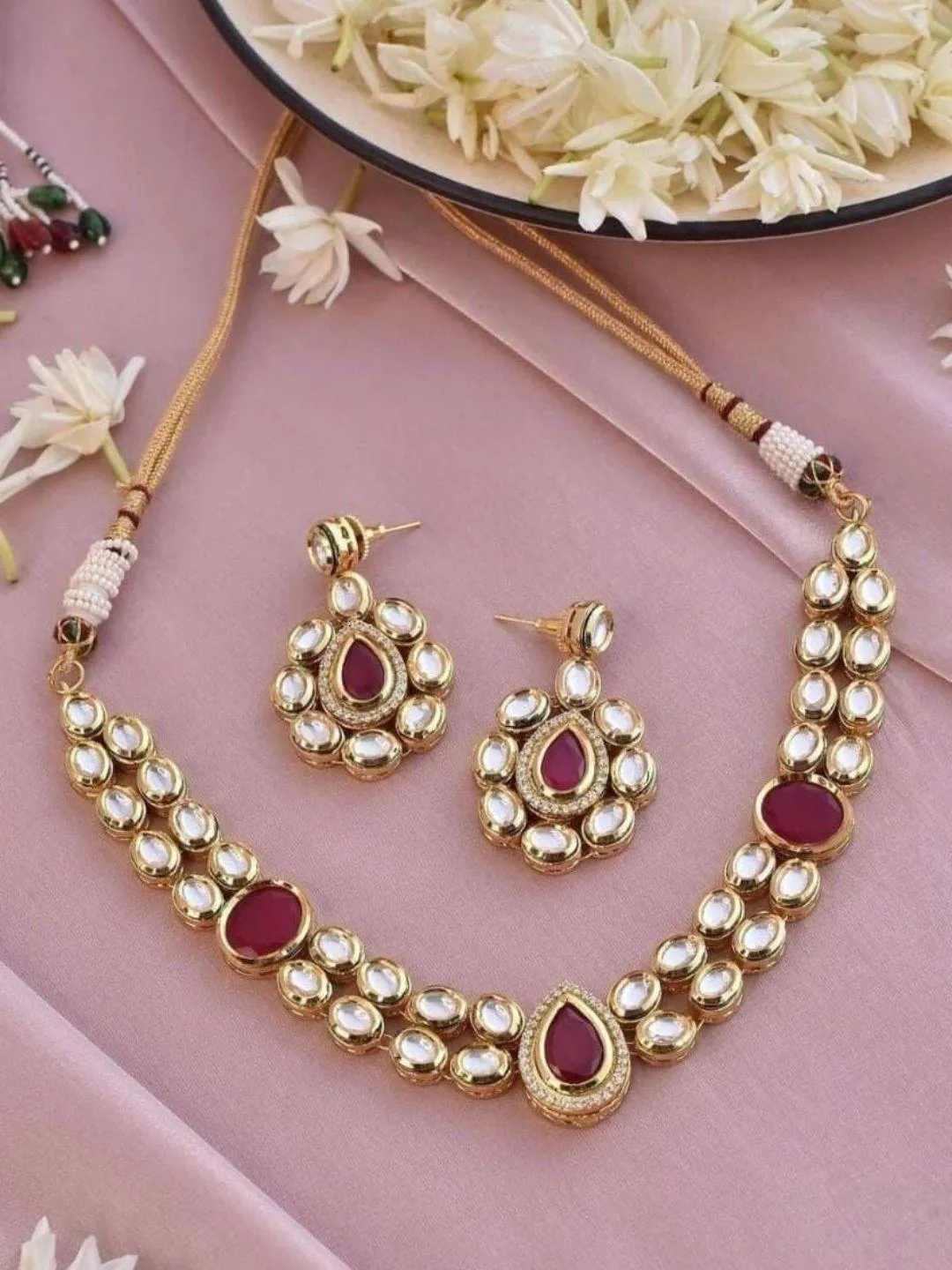 Ruby Stone Studded Paisley Kundan Polki Meenakari Necklace Set