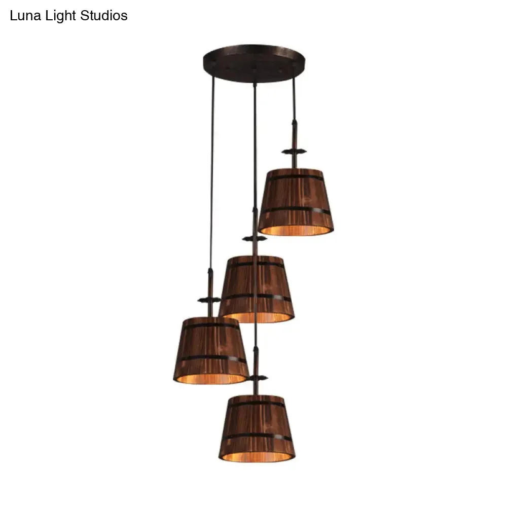 Rustic Wood Pendant Light with 4 Coolie-Shade Heads for Restaurants - Brown