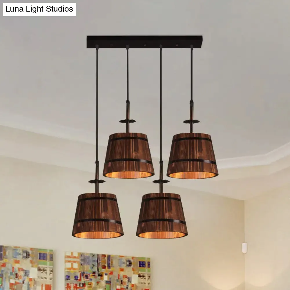 Rustic Wood Pendant Light with 4 Coolie-Shade Heads for Restaurants - Brown