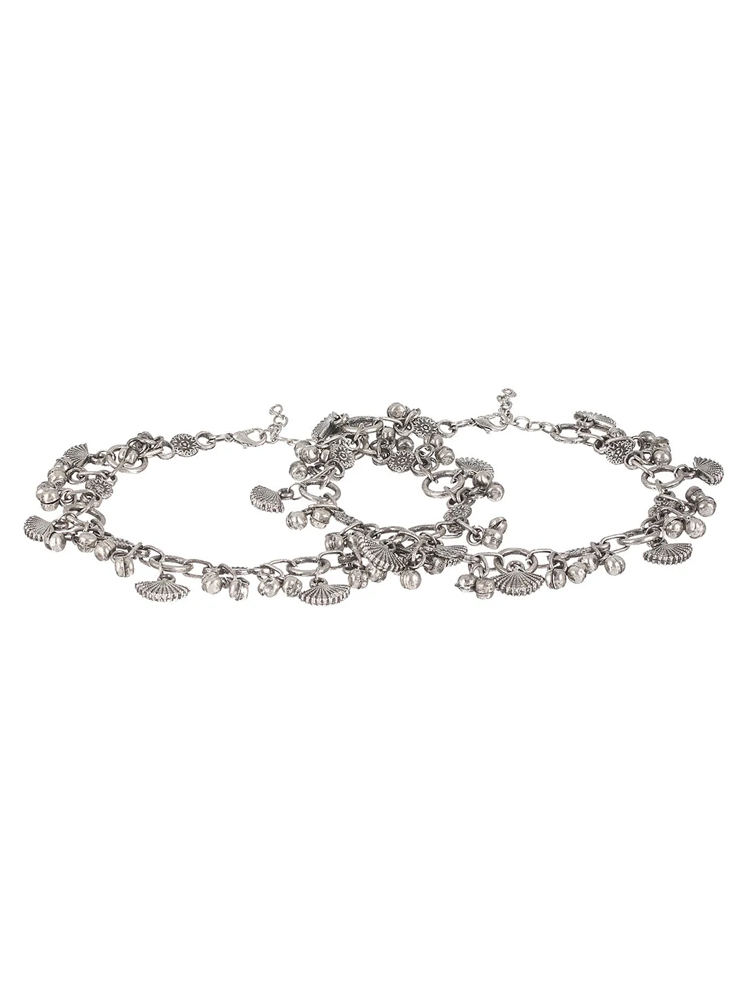 Set Of 2 Oxidised Silver-Plated & Ghungroo Charm Anklets