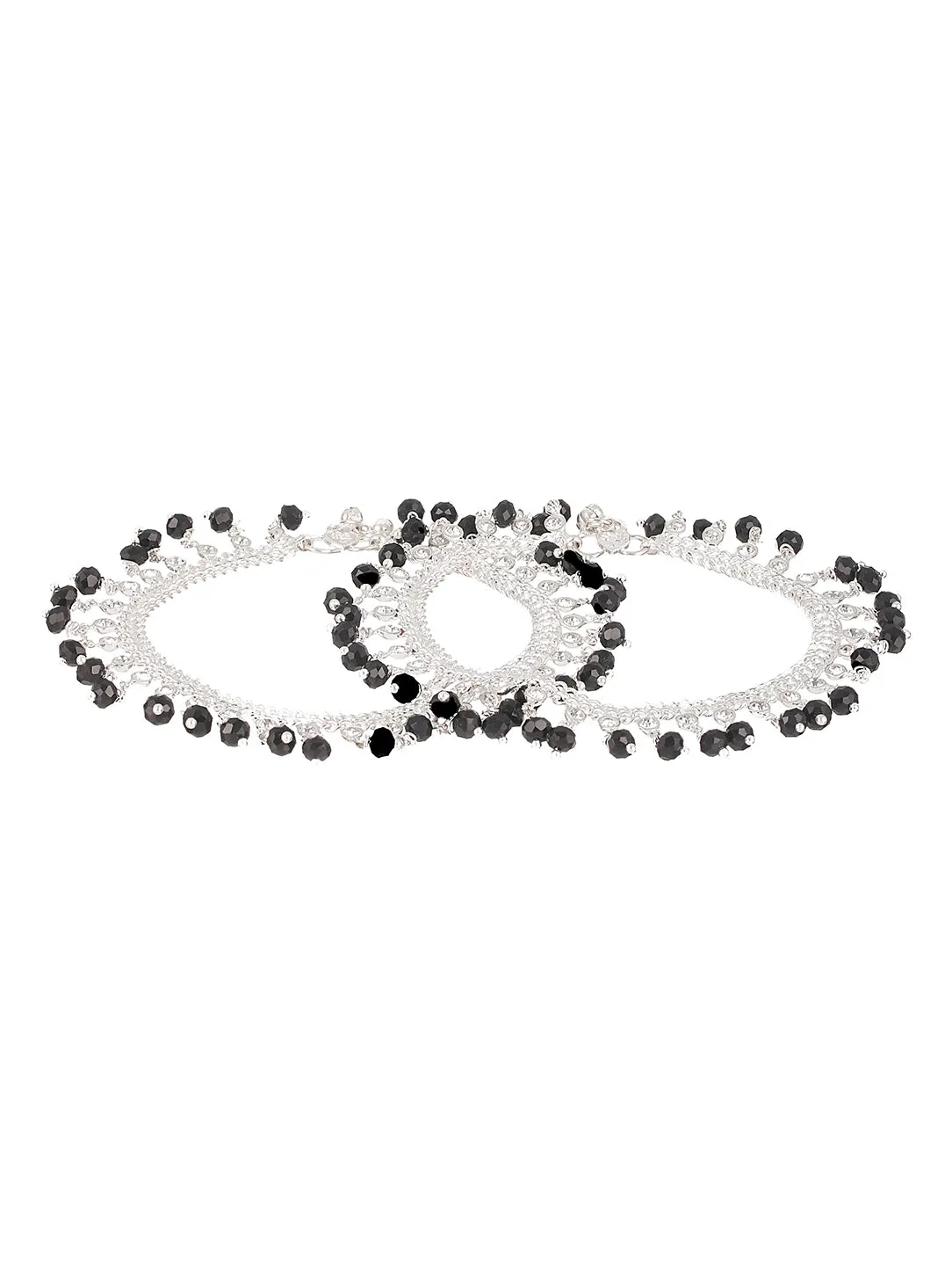 Set Of 2 Silver Plated & Black Crystal Beaded & Cz Studded Anklets