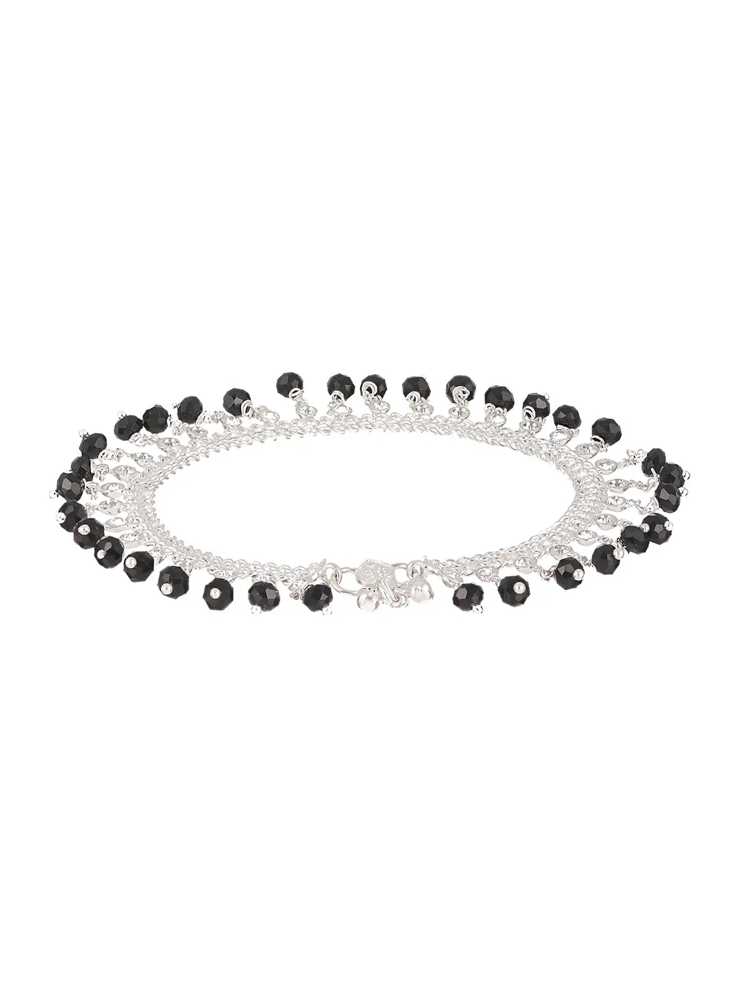 Set Of 2 Silver Plated & Black Crystal Beaded & Cz Studded Anklets