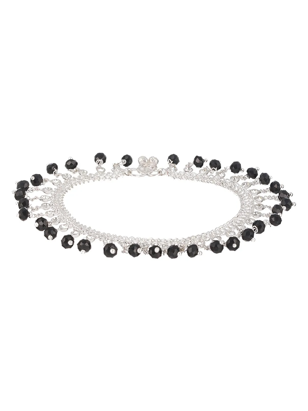 Set Of 2 Silver Plated & Black Crystal Beaded & Cz Studded Anklets