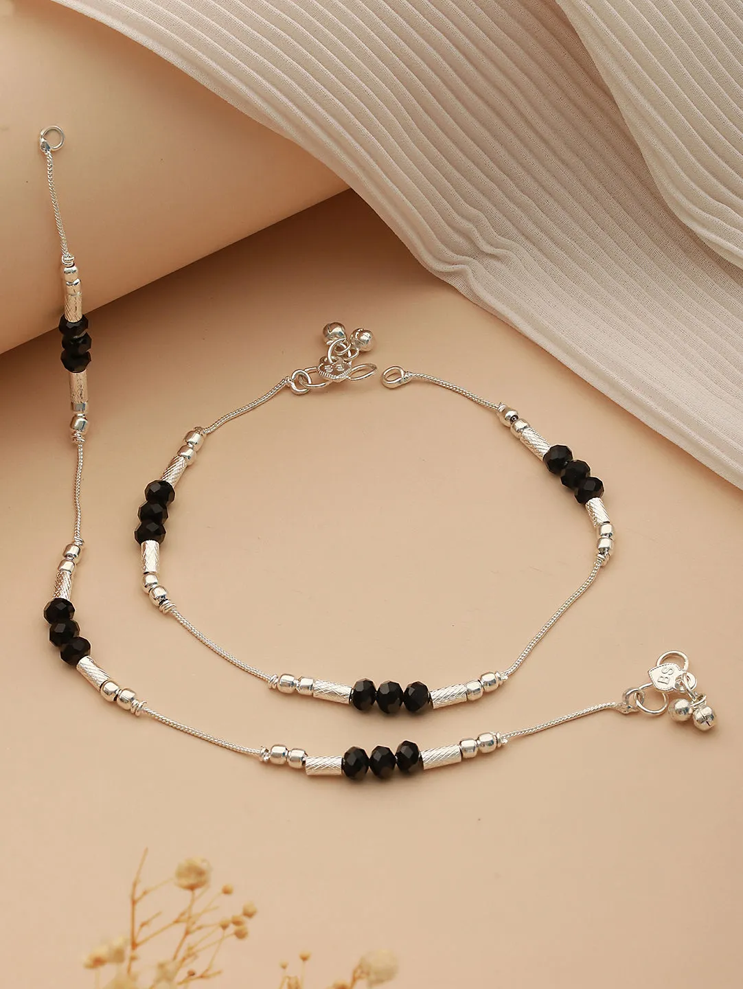 Set Of 2 Silver Plated & Black Crystal Beaded Anklets