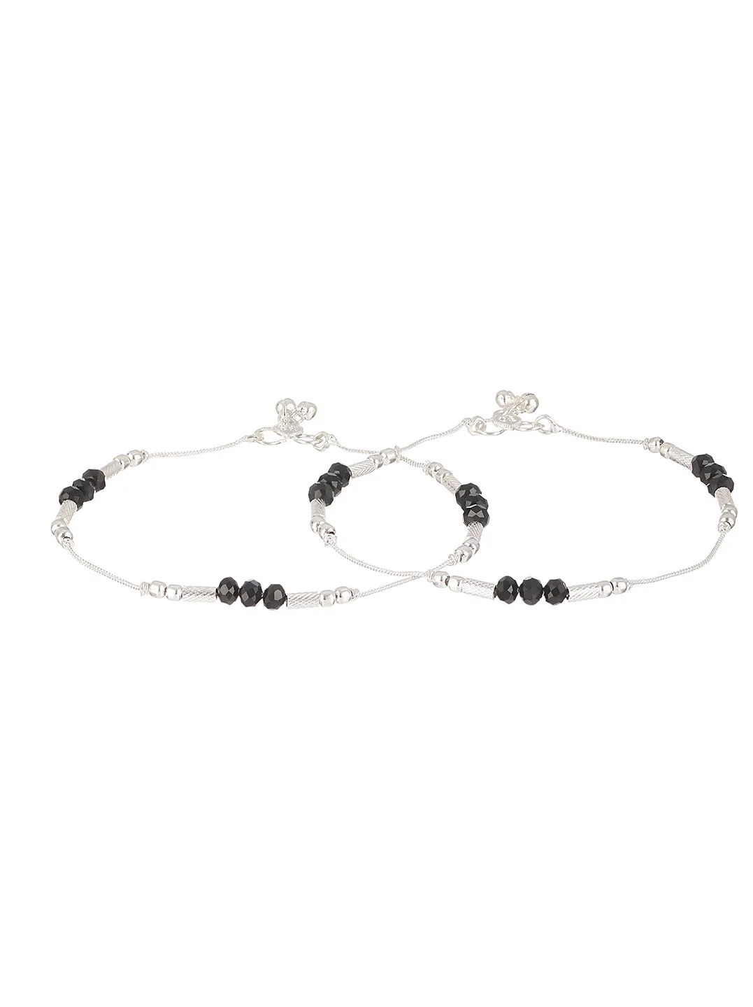 Set Of 2 Silver Plated & Black Crystal Beaded Anklets