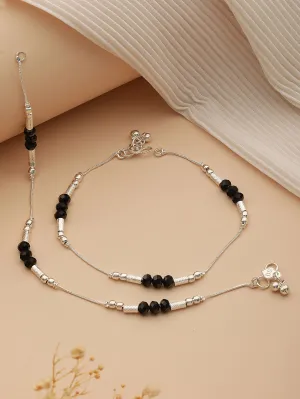 Set Of 2 Silver Plated & Black Crystal Beaded Anklets