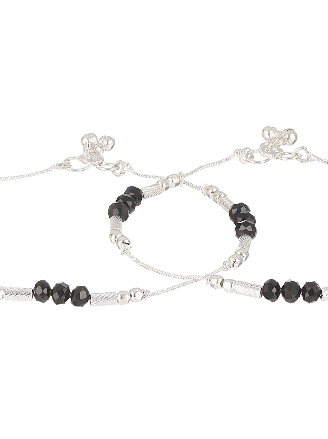 Set Of 2 Silver Plated & Black Crystal Beaded Anklets