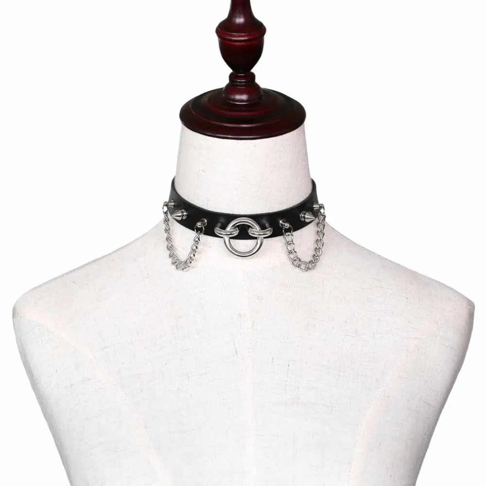 Sexy Collar Choker With Spikes And Chains / PU Leather Gothic Necklace / Neck Accessories