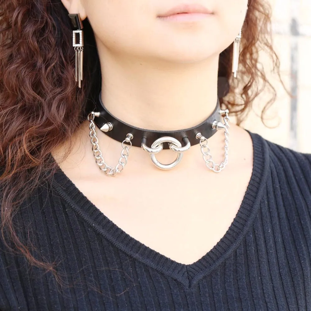 Sexy Collar Choker With Spikes And Chains / PU Leather Gothic Necklace / Neck Accessories