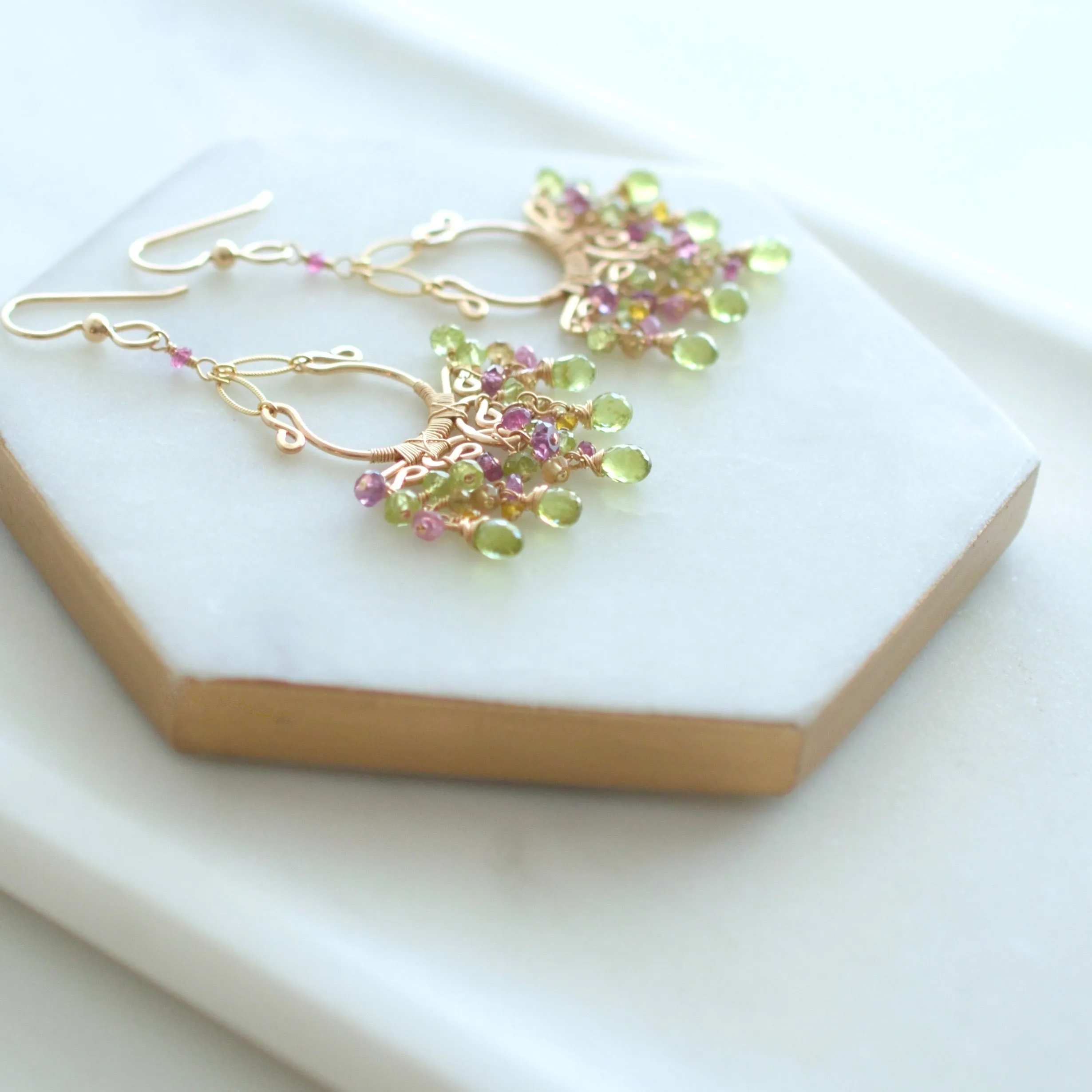 Sienna - Peridot, Rhodolite Garnet, Pink Tourmalines, Citrines, 14k Gold Filled Earrings