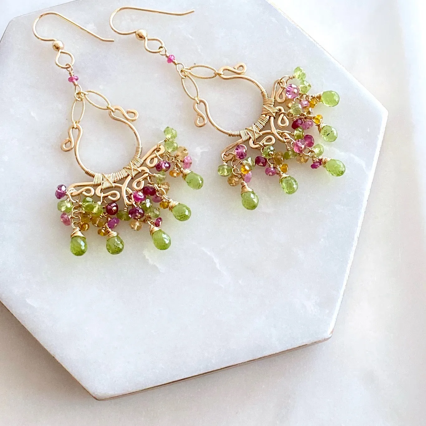 Sienna - Peridot, Rhodolite Garnet, Pink Tourmalines, Citrines, 14k Gold Filled Earrings