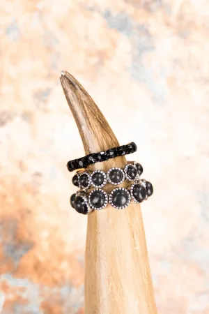 Silvertone Rhinestone and Black Stretch Ring Set