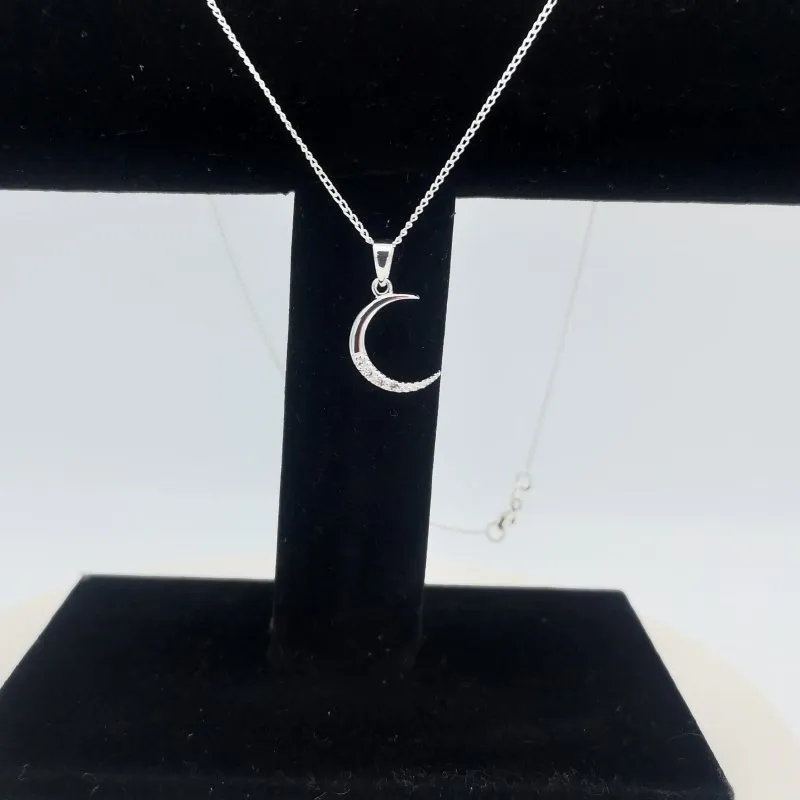 Sterling Silver CZ Crescent Moon Pendant