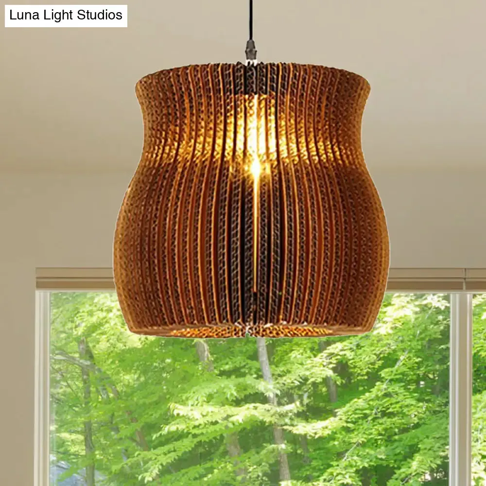 Stylish Asian Restaurant Pendant Light: 1-Light Hanging Lamp with Corrugated Paper Shade in Brown