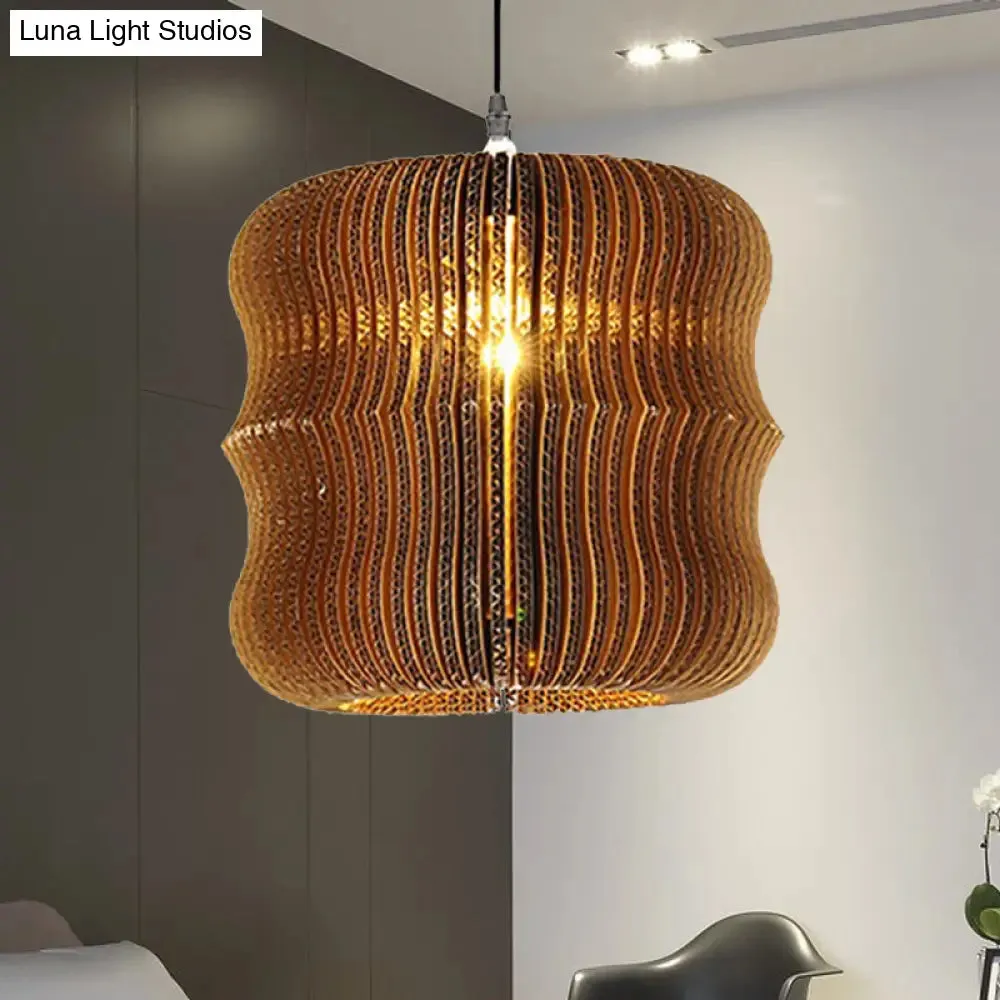 Stylish Asian Restaurant Pendant Light: 1-Light Hanging Lamp with Corrugated Paper Shade in Brown