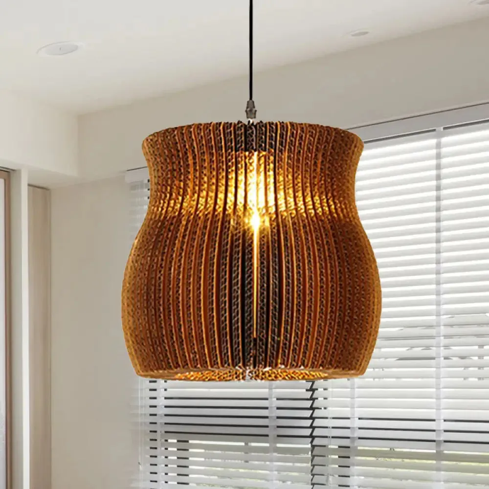 Stylish Asian Restaurant Pendant Light: 1-Light Hanging Lamp with Corrugated Paper Shade in Brown