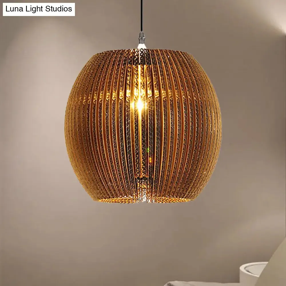 Stylish Asian Restaurant Pendant Light: 1-Light Hanging Lamp with Corrugated Paper Shade in Brown