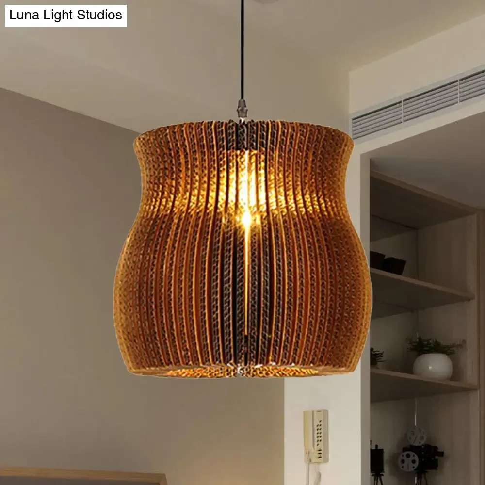 Stylish Asian Restaurant Pendant Light: 1-Light Hanging Lamp with Corrugated Paper Shade in Brown