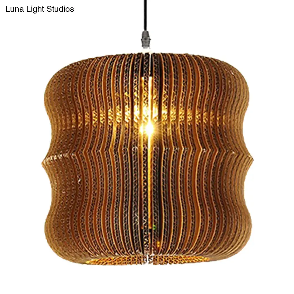 Stylish Asian Restaurant Pendant Light: 1-Light Hanging Lamp with Corrugated Paper Shade in Brown