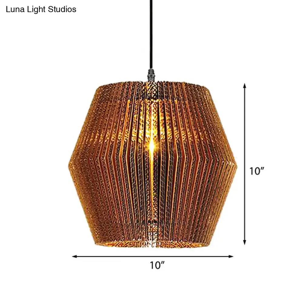 Stylish Asian Restaurant Pendant Light: 1-Light Hanging Lamp with Corrugated Paper Shade in Brown