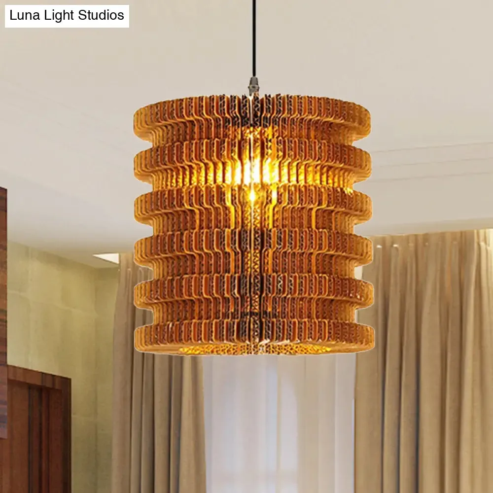 Stylish Asian Restaurant Pendant Light: 1-Light Hanging Lamp with Corrugated Paper Shade in Brown