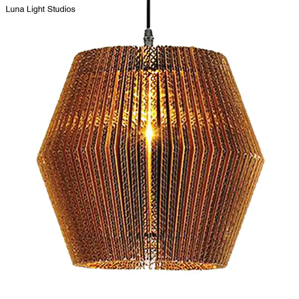 Stylish Asian Restaurant Pendant Light: 1-Light Hanging Lamp with Corrugated Paper Shade in Brown