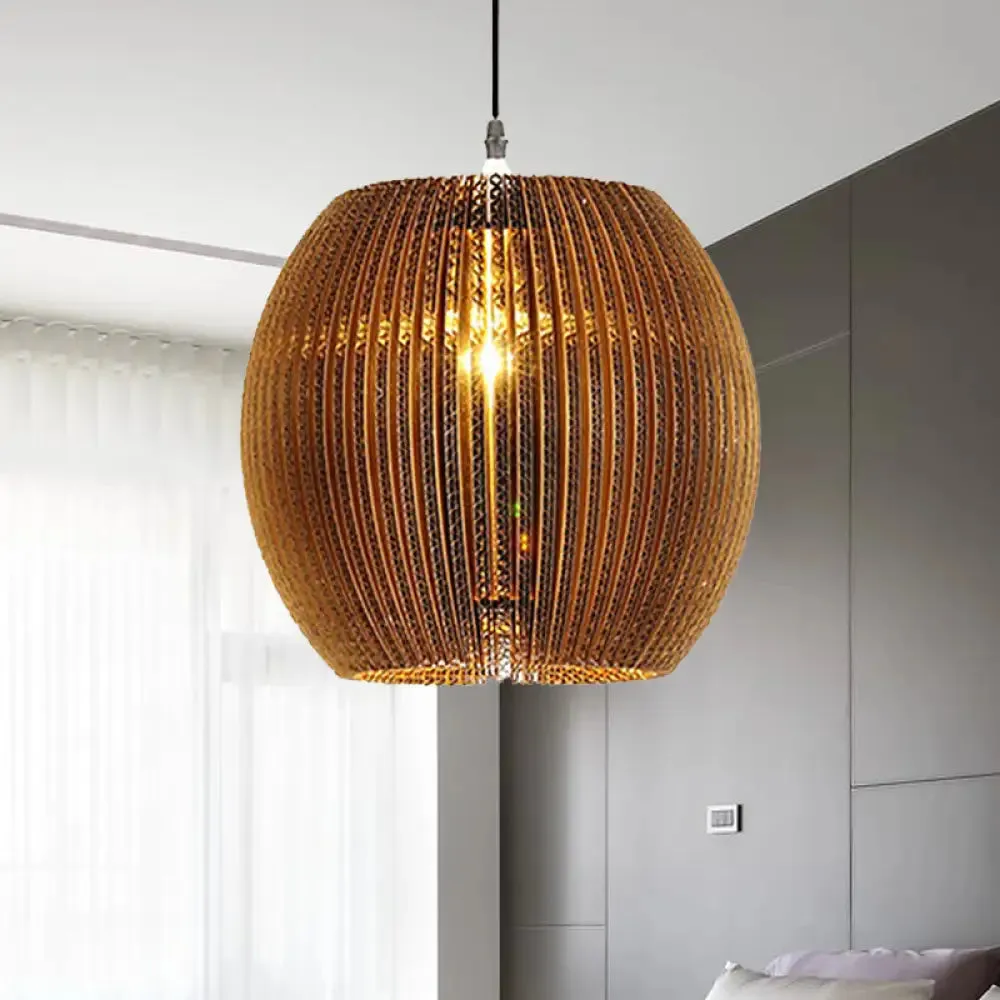 Stylish Asian Restaurant Pendant Light: 1-Light Hanging Lamp with Corrugated Paper Shade in Brown