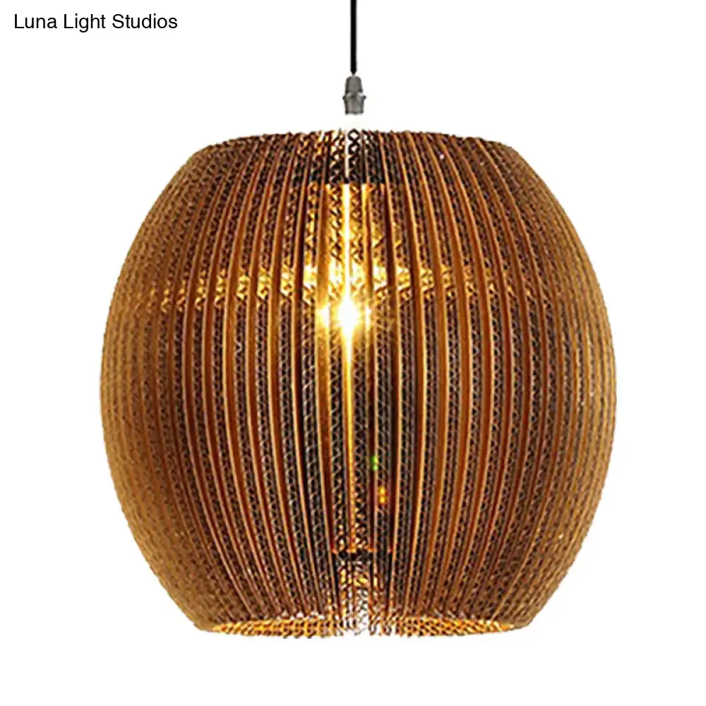 Stylish Asian Restaurant Pendant Light: 1-Light Hanging Lamp with Corrugated Paper Shade in Brown