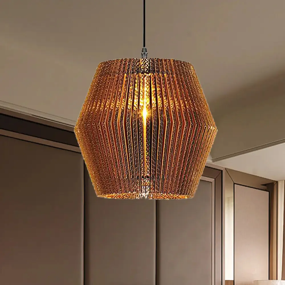 Stylish Asian Restaurant Pendant Light: 1-Light Hanging Lamp with Corrugated Paper Shade in Brown