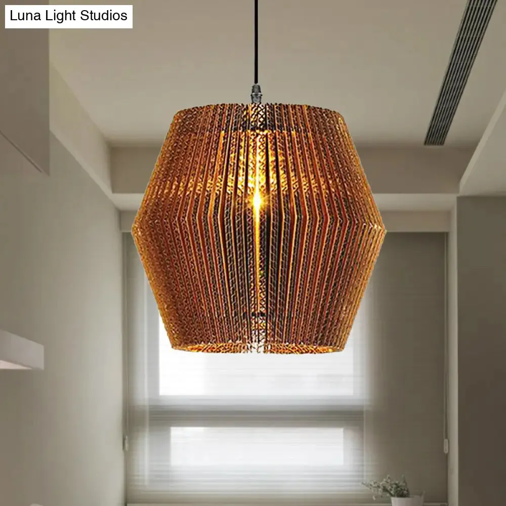 Stylish Asian Restaurant Pendant Light: 1-Light Hanging Lamp with Corrugated Paper Shade in Brown