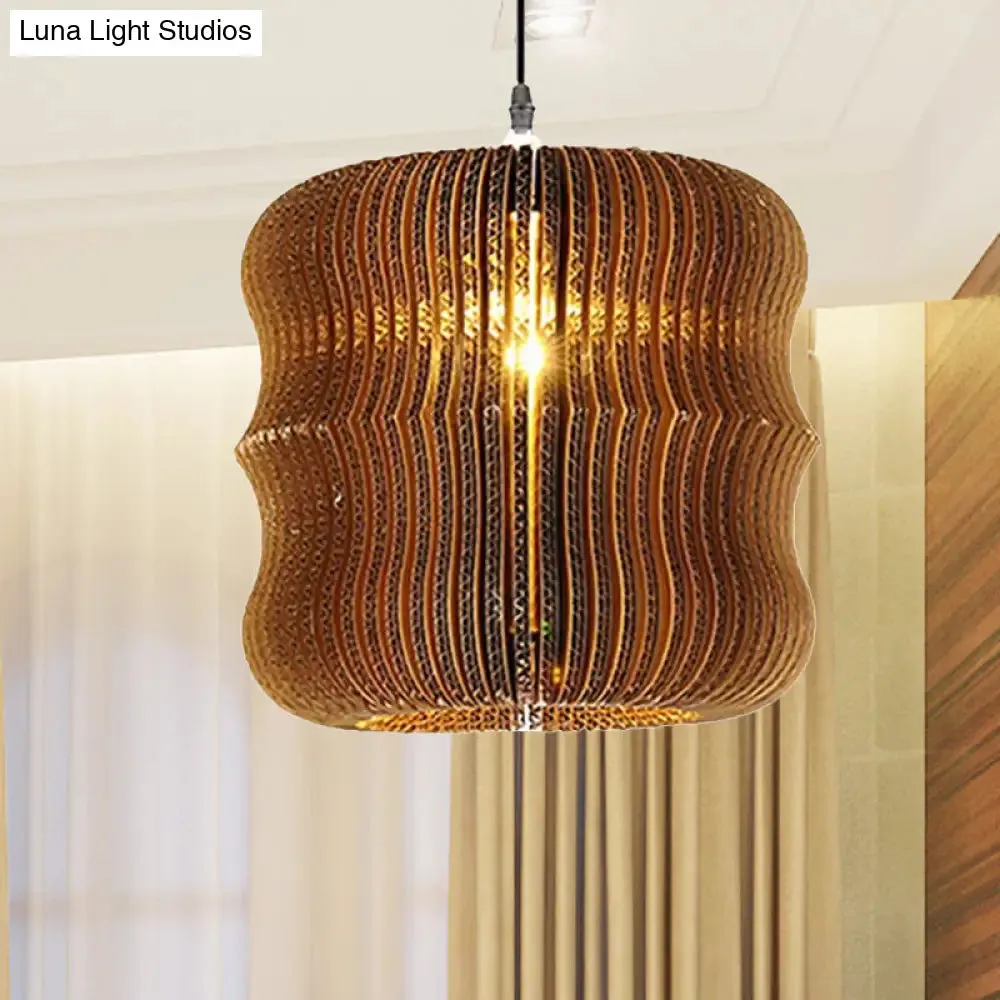 Stylish Asian Restaurant Pendant Light: 1-Light Hanging Lamp with Corrugated Paper Shade in Brown