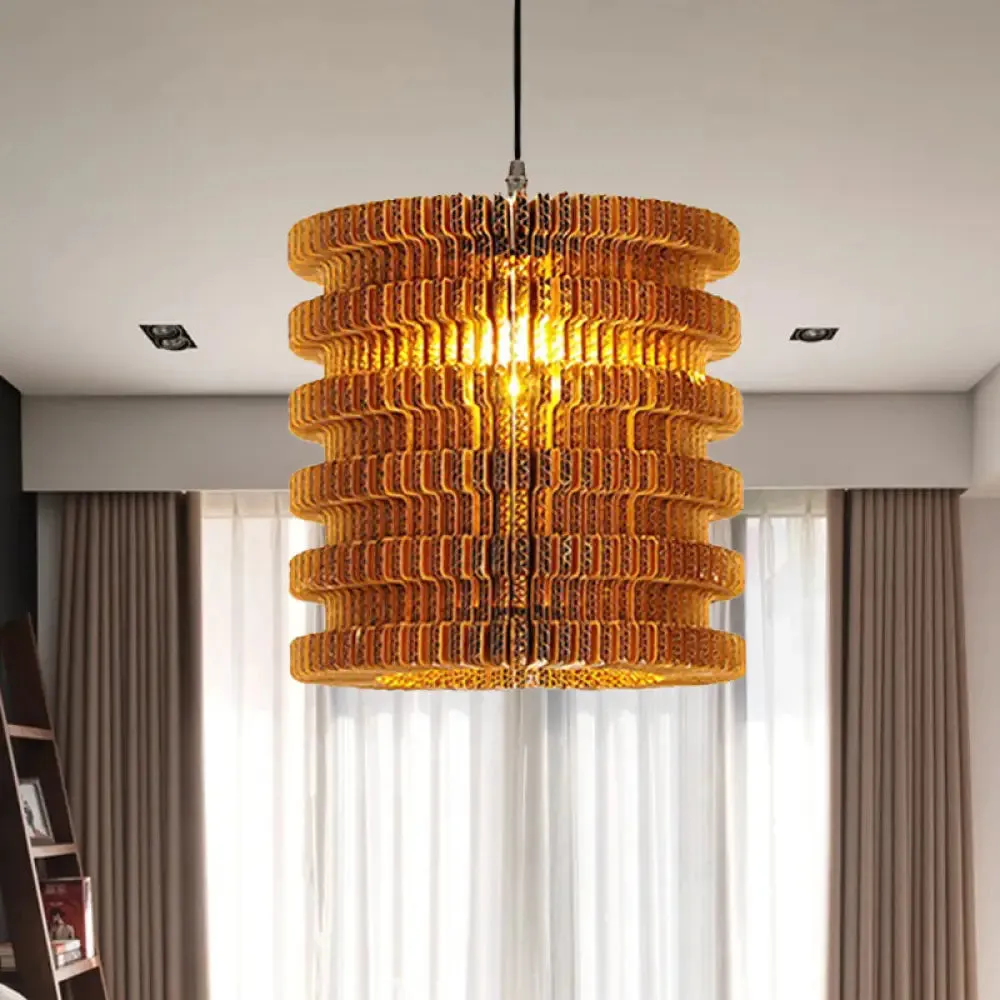 Stylish Asian Restaurant Pendant Light: 1-Light Hanging Lamp with Corrugated Paper Shade in Brown