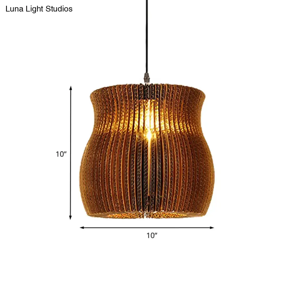 Stylish Asian Restaurant Pendant Light: 1-Light Hanging Lamp with Corrugated Paper Shade in Brown