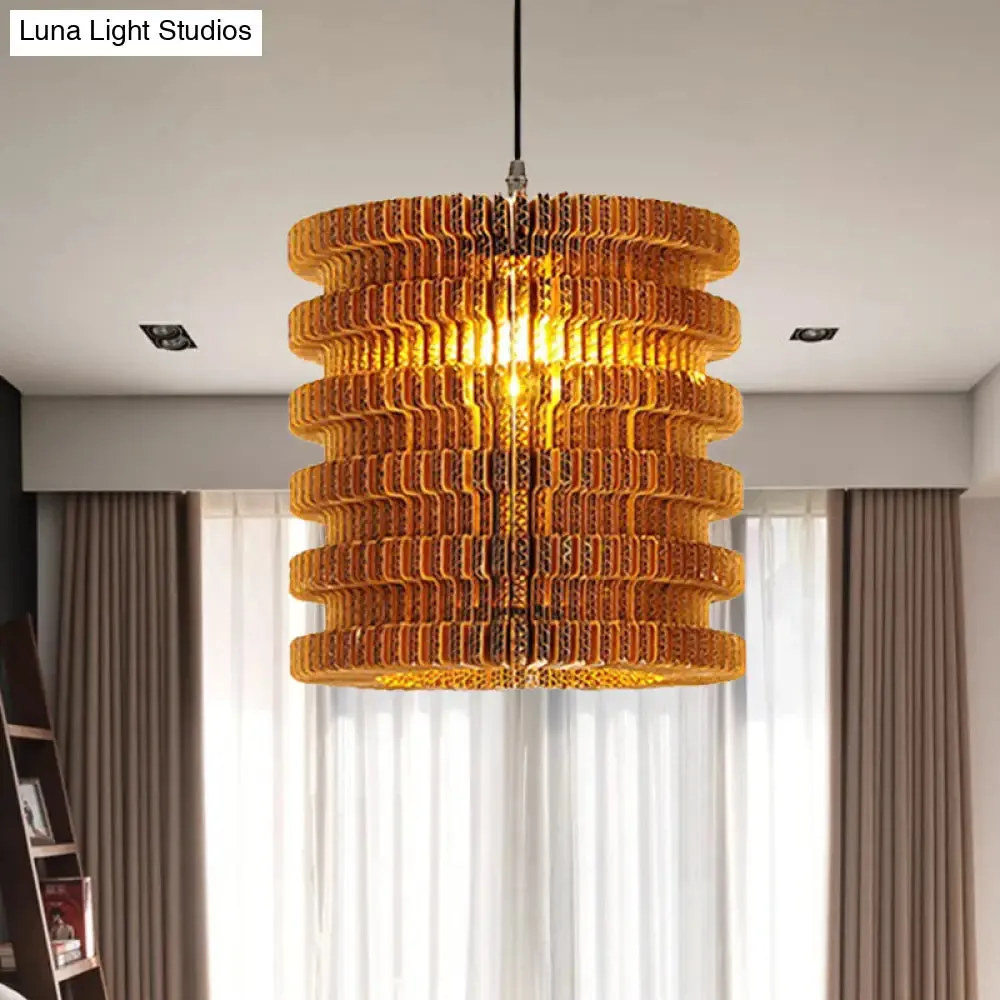 Stylish Asian Restaurant Pendant Light: 1-Light Hanging Lamp with Corrugated Paper Shade in Brown