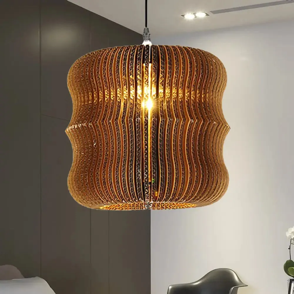 Stylish Asian Restaurant Pendant Light: 1-Light Hanging Lamp with Corrugated Paper Shade in Brown