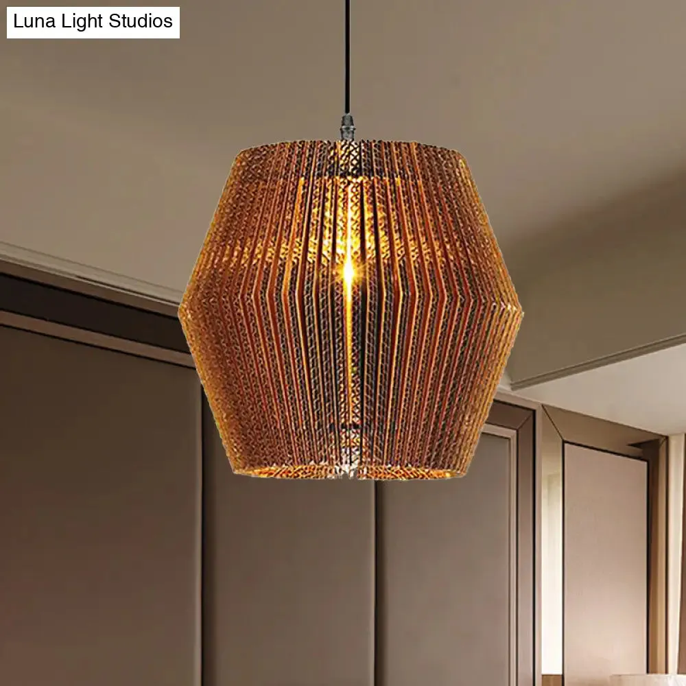 Stylish Asian Restaurant Pendant Light: 1-Light Hanging Lamp with Corrugated Paper Shade in Brown