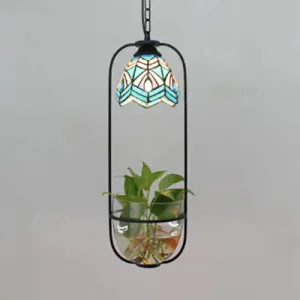 Stylish Blue Domed Suspension Tiffany Lamp: Handcrafted Stained Glass Pendant with Green Plant Accent