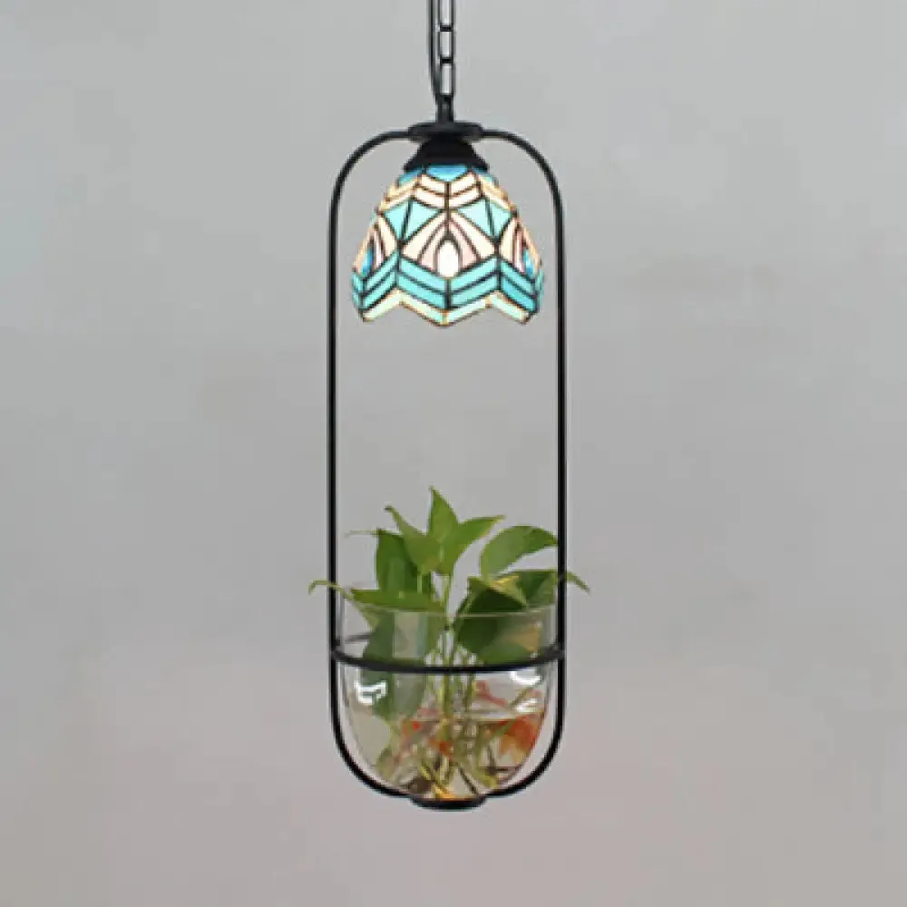 Stylish Blue Domed Suspension Tiffany Lamp: Handcrafted Stained Glass Pendant with Green Plant Accent