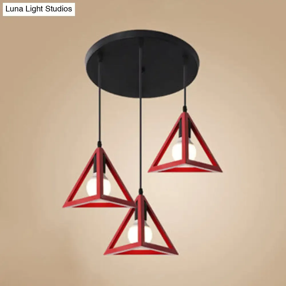 Stylish Retro Pendant Ceiling Light with Metallic Red/Yellow Triangle Design - 3 Heads, Foyer Suspension Lamp