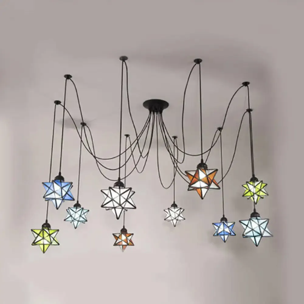 Stylish Swag Multi-Light Pendant Lighting: Black Stained Glass Star Shade Hanging Ceiling Light