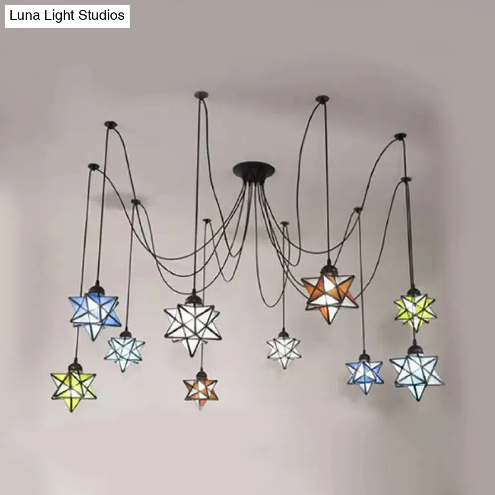 Stylish Swag Multi-Light Pendant Lighting: Black Stained Glass Star Shade Hanging Ceiling Light