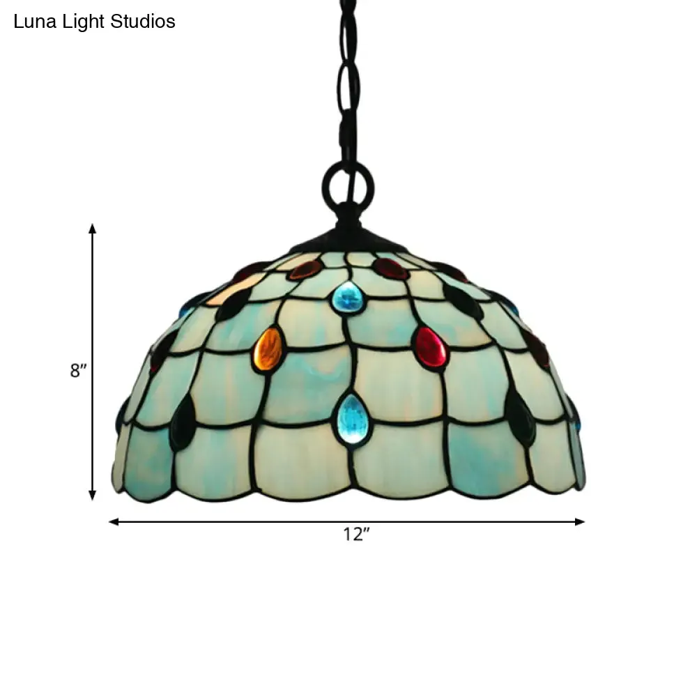 Stylish Tiffany Beaded Pendant Light for Dining Room - Blue/Silver Glass, 12"/16" Width, 1 Light