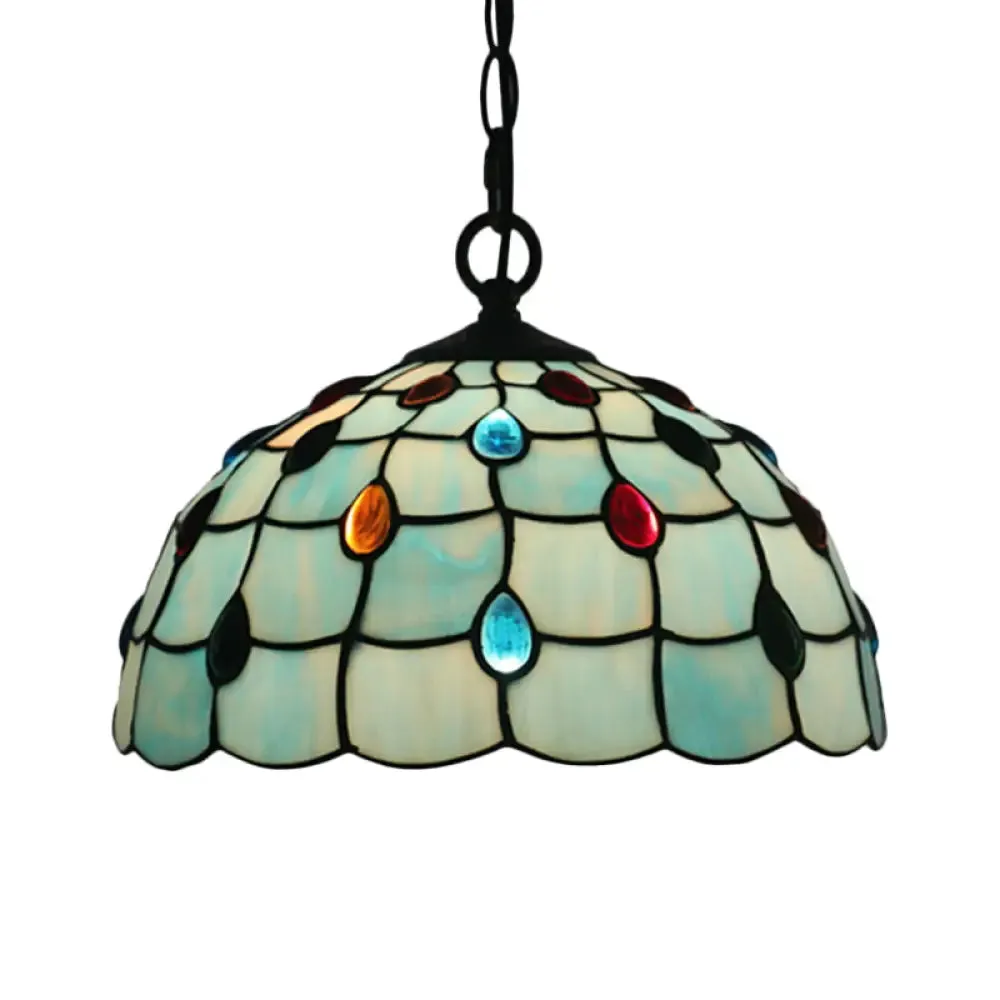 Stylish Tiffany Beaded Pendant Light for Dining Room - Blue/Silver Glass, 12"/16" Width, 1 Light