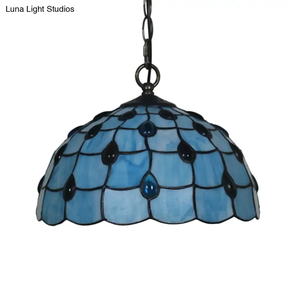 Stylish Tiffany Beaded Pendant Light for Dining Room - Blue/Silver Glass, 12"/16" Width, 1 Light