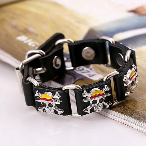 Surfer Genuine Leather Buckle Belt Men Bracelet ONE PIECE Cartoon SKULL Rivet Cuff Bracelets Cool Stainless Steel Link Bangles