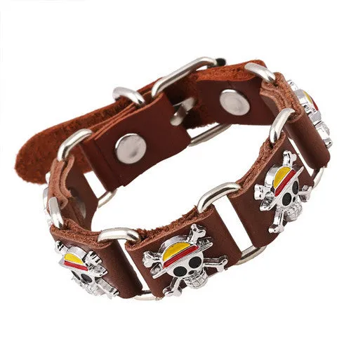 Surfer Genuine Leather Buckle Belt Men Bracelet ONE PIECE Cartoon SKULL Rivet Cuff Bracelets Cool Stainless Steel Link Bangles