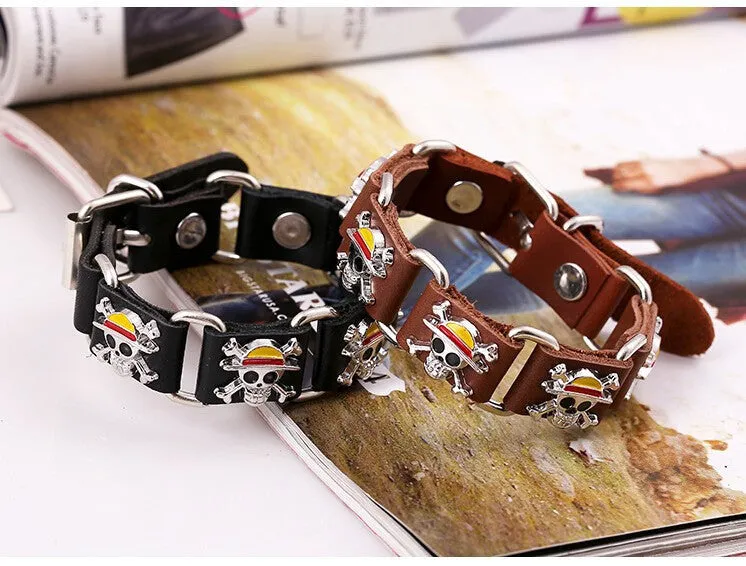 Surfer Genuine Leather Buckle Belt Men Bracelet ONE PIECE Cartoon SKULL Rivet Cuff Bracelets Cool Stainless Steel Link Bangles